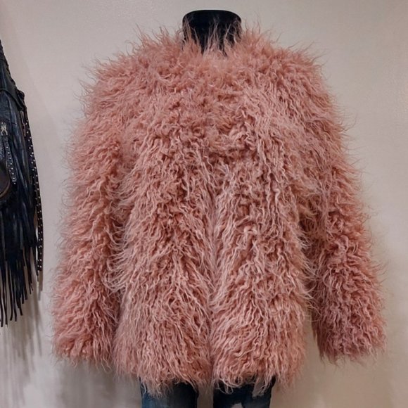 💋BOHO CHIC💋VTG 70s Style Blush Pink Faux Mongolian Curly Lamb Fur Jacket - Picture 4 of 13